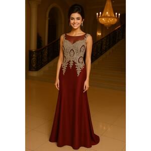Amelia Couture Burgundy Beaded Evening Gown Formal Dress - Size 6